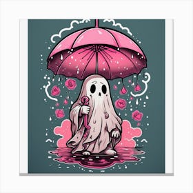 Ghost In The Rain Tattoo drawing of a ghost holding pink umbrella in a rainstorm. Include rain and lightning. In the style of Sailor Jerry. American traditional tattoo. Canvas Print