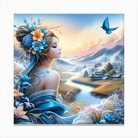 Chinese Woman With Blue Butterfly Canvas Print