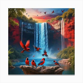 Wild Waterfall Landscape Nature With Blue And Red Birds Square On Sunset 1 Canvas Print