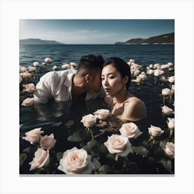Tyndall Effect, A Beautiful Man Ans Woman Lies Underwater In Front Of Pale Black Roses ,Sunbeams In Canvas Print