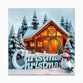 Christmas House With Snowman Canvas Print