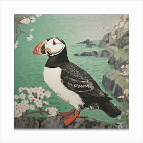 Ohara Koson Inspired Bird Painting Puffin 3 Square Canvas Print