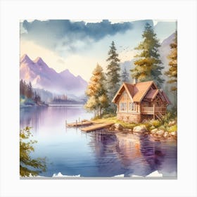 Watercolor Of Cabin By The Lake Canvas Print