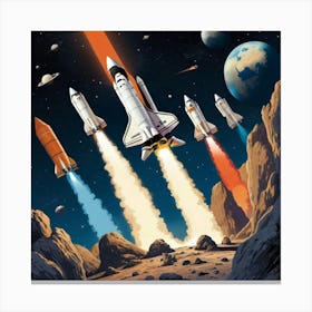 Space Odyssey Retro Poster Featuring Asteroids Rockets 2 Canvas Print