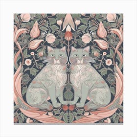 William Morris Inspired   Classic Cats Pink And Sage Square Canvas Print
