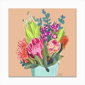 Neon Floral Aqua Vase With Proteas Canvas Print