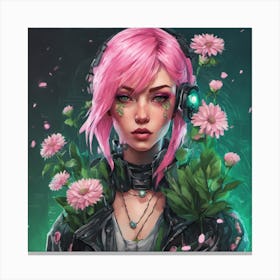 Cyberpunk girl with flowers Canvas Print