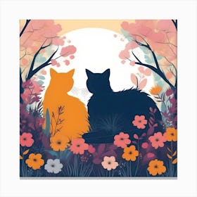 Silhouettes Of Cats In The Garden In The Day, Blue And Orange Canvas Print