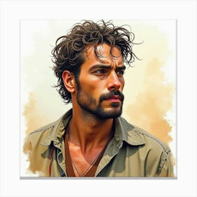 Spanish Man With A Rugged Look, Watercolor With Earthy Colors 1 Canvas Print