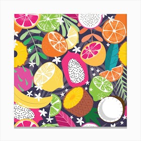 Tropical Fruits Pattern On Deep Purple Square Canvas Print