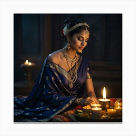 Indian Woman Lighting A Candle 1 Canvas Print