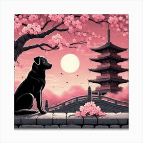 Japanese dog In Cherry Blossom Canvas Print