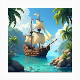 Ornate Galleon Anchored In A Watercolor Tropical Cove 1 Canvas Print