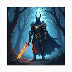 A Fierce Warrior With Glowing Armor Standing In A Magical Twilight Forest Canvas Print