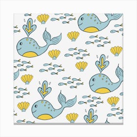 Whale Cartoon Whale Seamless Cartoon Character Animals Leaf Canvas Print