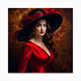 Beautiful Woman In Red Dress With Hat 1 Canvas Print