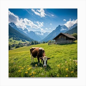 Alpine Meadow With A Cow Grazing Spring Setting Blossoming Flowers Dotting The Lush Grass Warm Su (3) Canvas Print