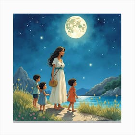 Watercolor Leto And Her Children Under A Greek Moonlight 1 Canvas Print