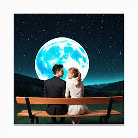 Couple Sitting On A Bench Under The Moon Canvas Print