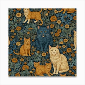 William Morris Inspired Classic Cats Blue And Gold Art Canvas Print