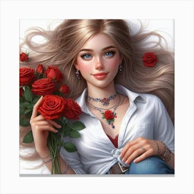 Beautiful Girl With Roses 2 Canvas Print