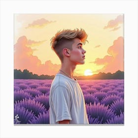 Watercolor Of Justin Bieber In A Field Of Lavender Under A Setting Sun Canvas Print