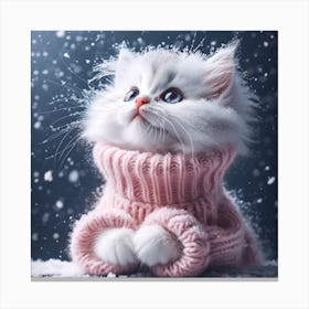 Frosted Whiskers: A Cute Kitten in Pink Amidst the Snowfall Canvas Print