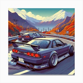 Japanese cars drifitng down a mountain pass 2 Canvas Print