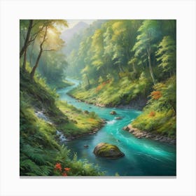 A stunning landscape painting featuring a crystal clear river winding through a lush forest, with vibrant colors and intricate details. Canvas Print