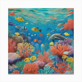 David Hockney Style: A Vibrant Coral Reef Teeming With Marine Life 5 Canvas Print