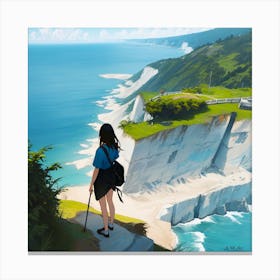 Colorful Illustration With A Young Girl Wandering And Standing At A Cliff Overlooking The Ocean Canvas Print