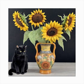 Sunflowers And Cat 1 Canvas Print