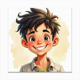 Spanish Boy With A Cheerful Grin, Watercolor With Bright Highlights 1 Canvas Print