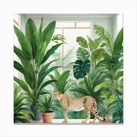 Indoor Tropical Plant Jungle With Cheetah Art Print 1 Canvas Print