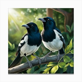 Curious Companions: Magpies in a Sunlit Forest - A Vivid Digital Illustration 2 Canvas Print