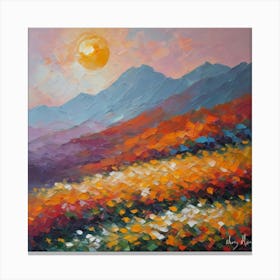 Sunset In The Mountains with flowers Canvas Print