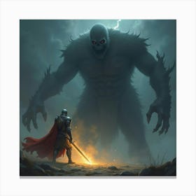 A Knight In Glowing Armor Battling A Giant, Shadowy Figure 1 Canvas Print