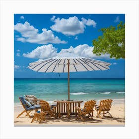 Beach Umbrella With Chairs and Table Canvas Print