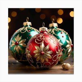 Christmas Ornaments On A Wooden Table Canvas Print