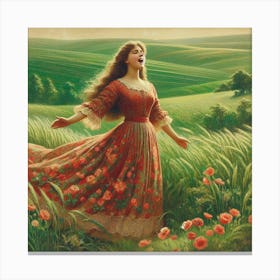 A young beautiful girl singing cheerfully in the fields Canvas Print