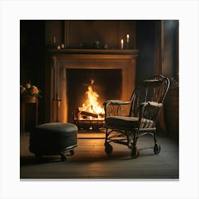 A rolling chair next to a burning fireplace in a romantic scene Canvas Print