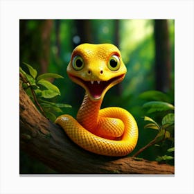 Firefly 3d, Animated, Surprised, Yellow, Baby Snake, Green Eyes, Knot, Tree Branch, Whimsical, Playf Canvas Print