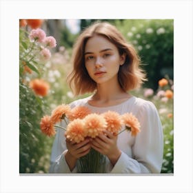 Photo Medium Shot Woman Posing In Romantic Garden Beautiful Summer Flowers In Girl Hands 0 Canvas Print