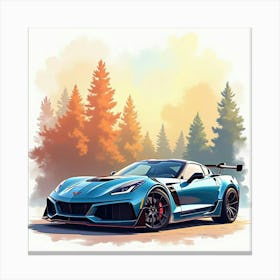 Chevrolet Corvette Zr1 Set In A Colorful, Watercolor Scene, No Signature Or Logo Canvas Print