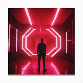 The Image Depicts A Person Standing In A Dark, Futuristic Room With A Large Red Light Emanating From The Center 3 Canvas Print