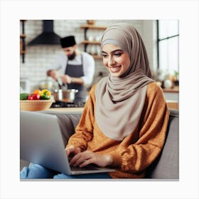 Muslim Woman Using Laptop 6 Canvas Print