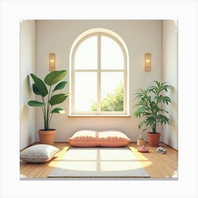 Serene Meditation Room In Watercolor, With Calming Colors And Minimal Decor Canvas Print