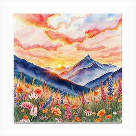 Watercolor Of Mountains And Flowers 3 Canvas Print