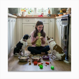 Girl And Her Dogs Canvas Print