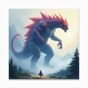 Titan Monster In A Watercolor Landscape With Magical Mist 1 Canvas Print